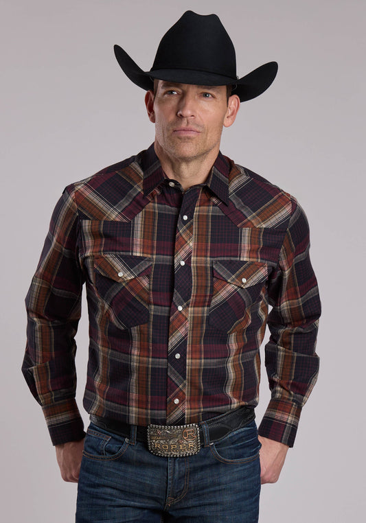 Mens Roper Multi Brown Plaid Western Snap Shirt