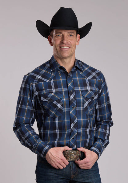 Mens Roper Blue And Black And Tan Plaid Western Snap Shirt