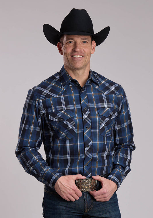 Mens Roper Blue And Black And Tan Plaid Western Snap Shirt