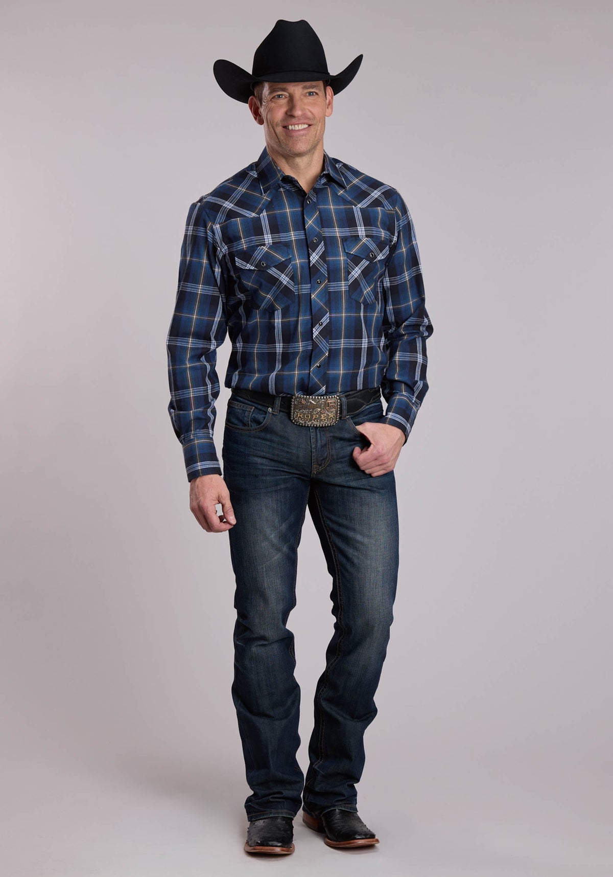 Mens Roper Blue And Black And Tan Plaid Western Snap Shirt