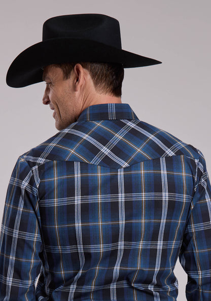 Mens Roper Blue And Black And Tan Plaid Western Snap Shirt