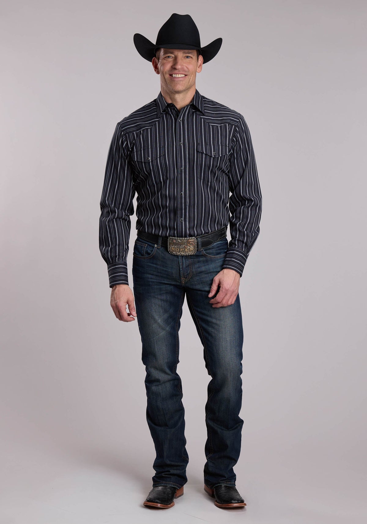 Mens Roper Black And White Stripe Western Snap Shirt
