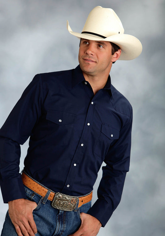 Mens Long Sleeve Snapsolid Broadcloth  Navy Western Shirt Tall Fit