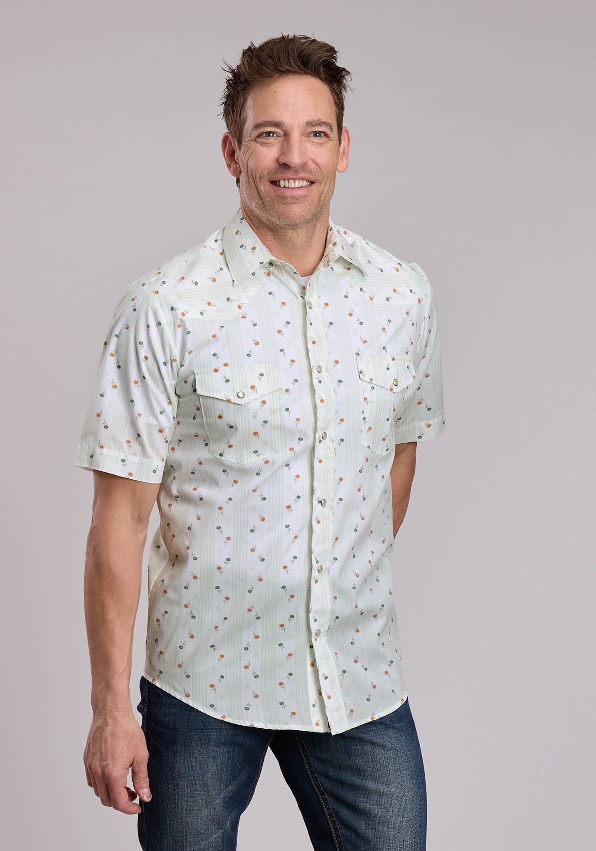 Mens Roper Cream Floral Print Short Sleeve Snap Shirt