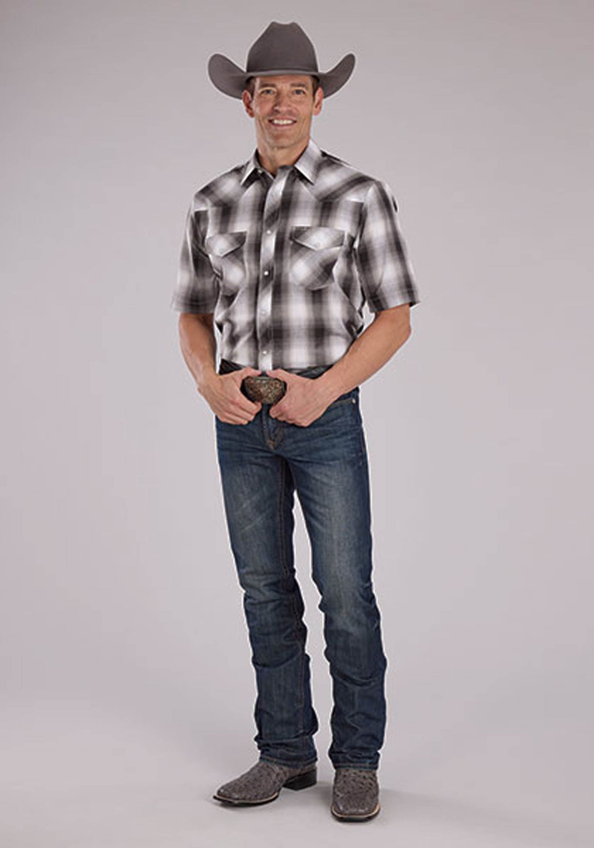 Mens Gray Black And White Plaid Short Sleeve Snap Western Shirt