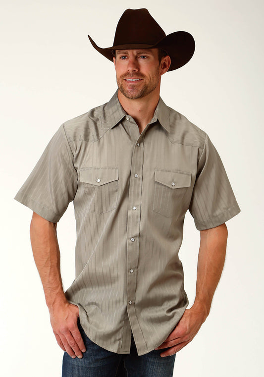 Mens Green Tone On Ton Short Sleeve Snap Western Shirt
