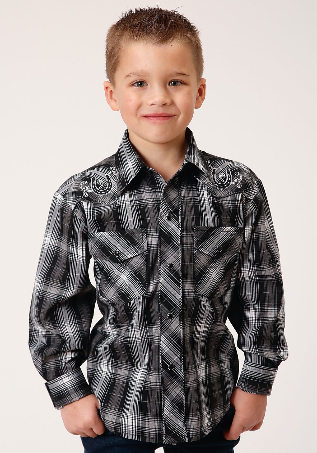 Boys Long Sleeve Snap Black And White Plaid Western Shirt