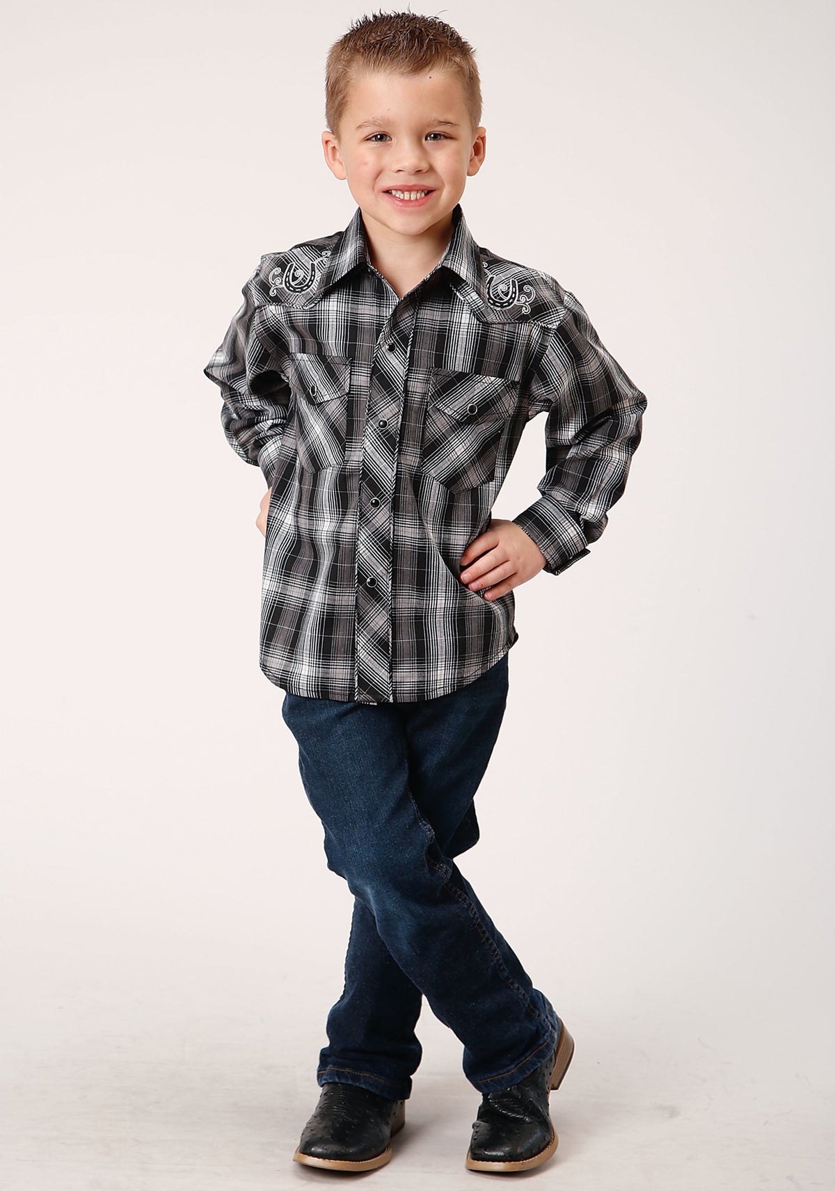 Boys Long Sleeve Snap Black And White Plaid Western Shirt
