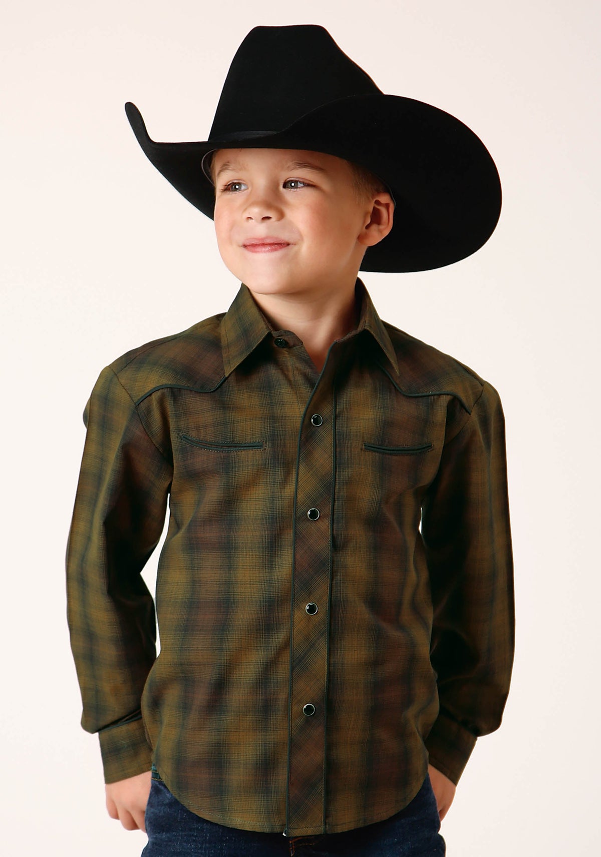 Boys Long Sleeve Snap Black Gold Plaid Western Shirt