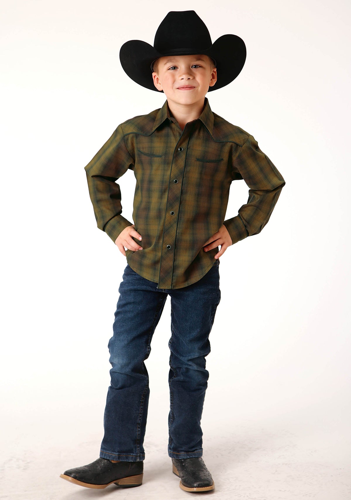 Boys Long Sleeve Snap Black Gold Plaid Western Shirt