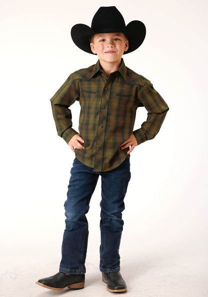 Boys Long Sleeve Snap Black Gold Plaid Western Shirt