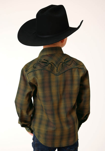 Boys Long Sleeve Snap Black Gold Plaid Western Shirt
