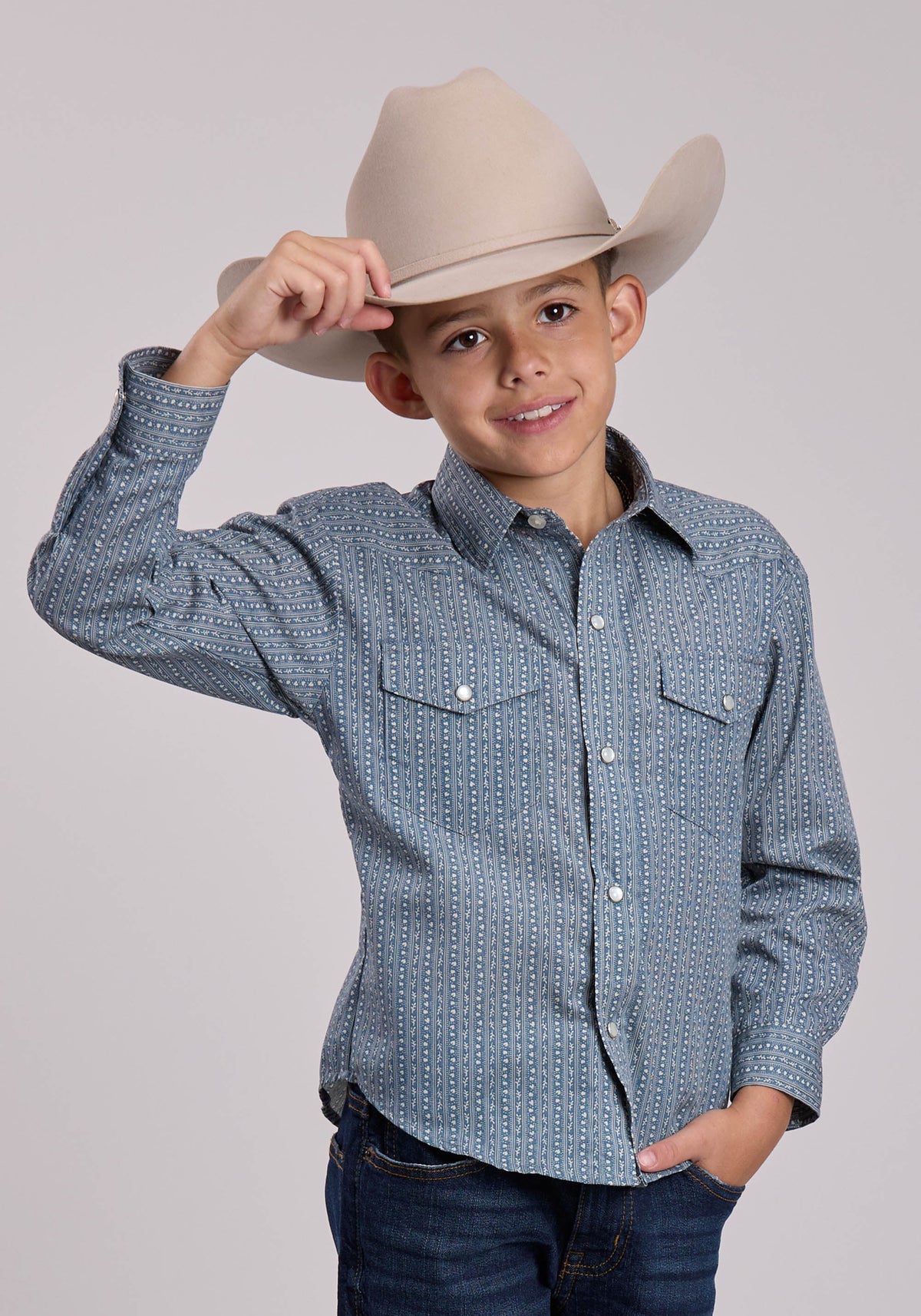Boys Roper Blue  Cream Floral Wallpaper Stripe Long Sleeve Snap Shirt