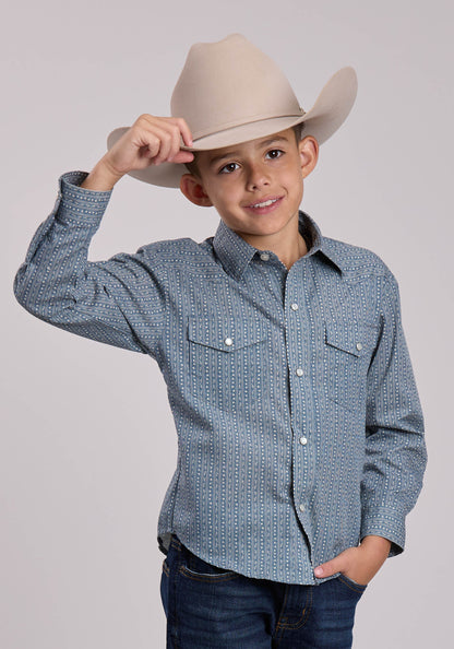 Boys Roper Blue  Cream Floral Wallpaper Stripe Long Sleeve Snap Shirt