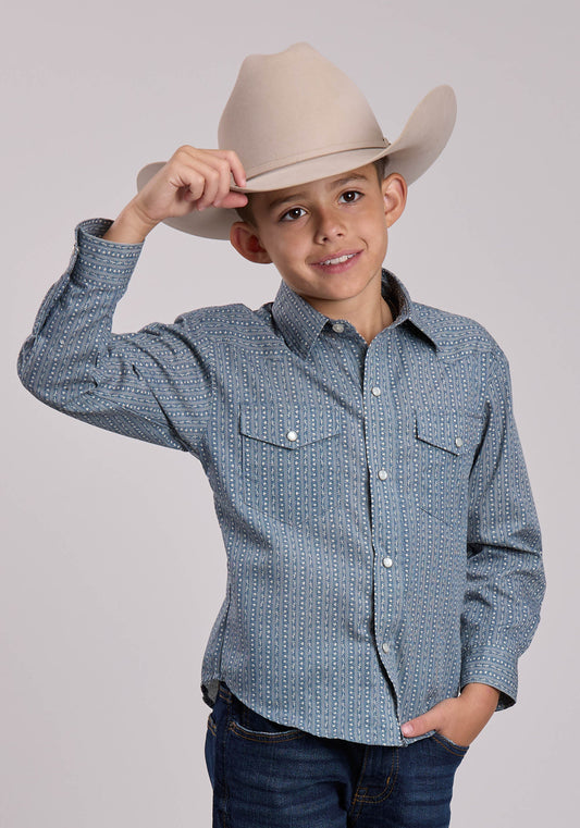 Boys Roper Blue  Cream Floral Wallpaper Stripe Long Sleeve Snap Shirt