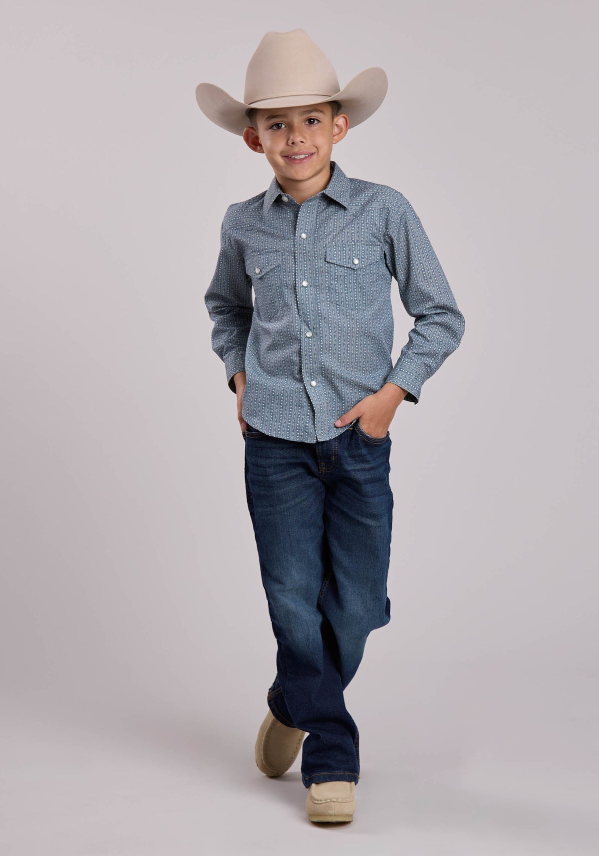 Boys Roper Blue  Cream Floral Wallpaper Stripe Long Sleeve Snap Shirt