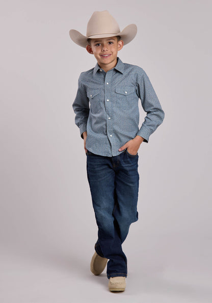 Boys Roper Blue  Cream Floral Wallpaper Stripe Long Sleeve Snap Shirt
