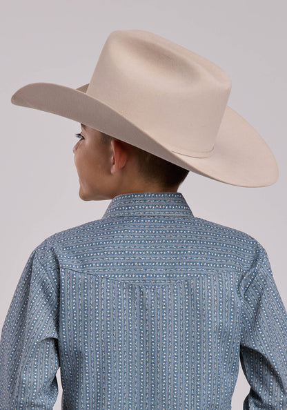 Boys Roper Blue  Cream Floral Wallpaper Stripe Long Sleeve Snap Shirt
