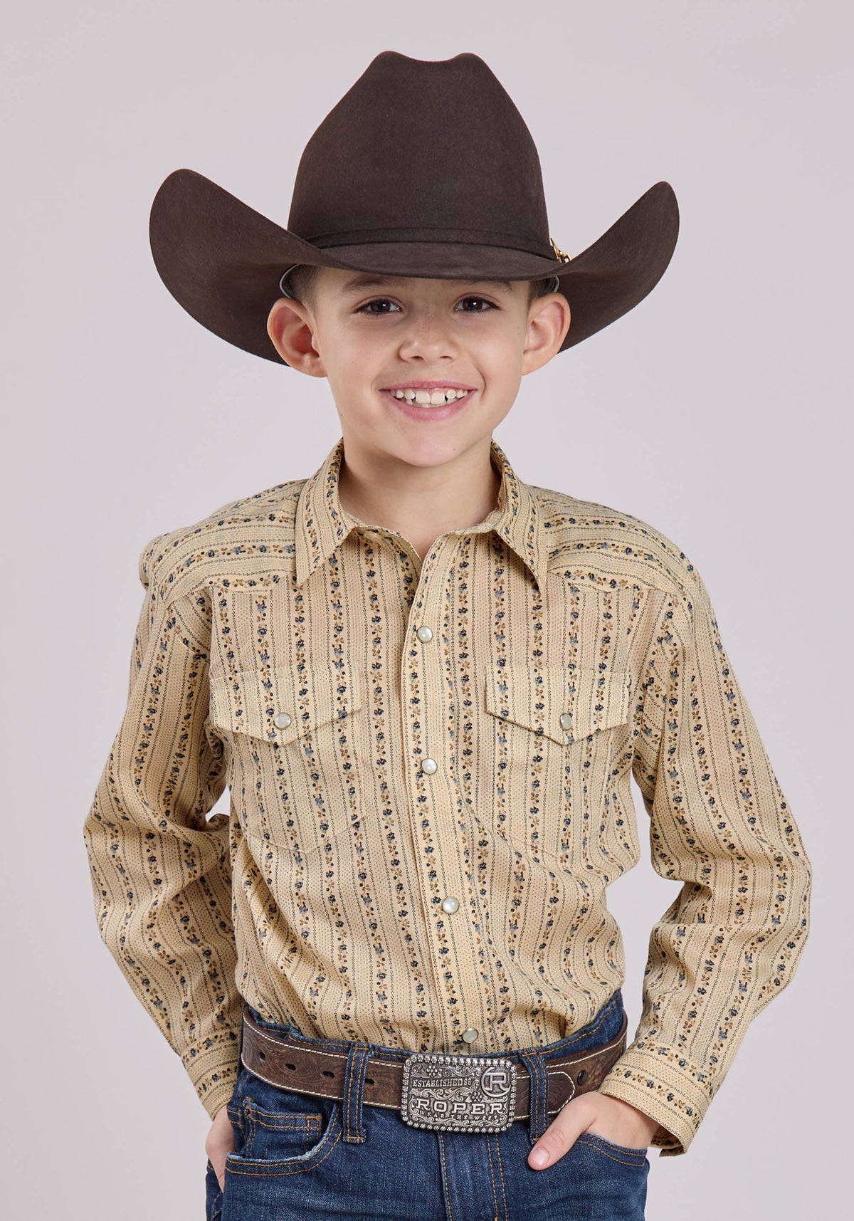 Boys Long Sleeve Snap Wallpaper Floral Print Western Shirt