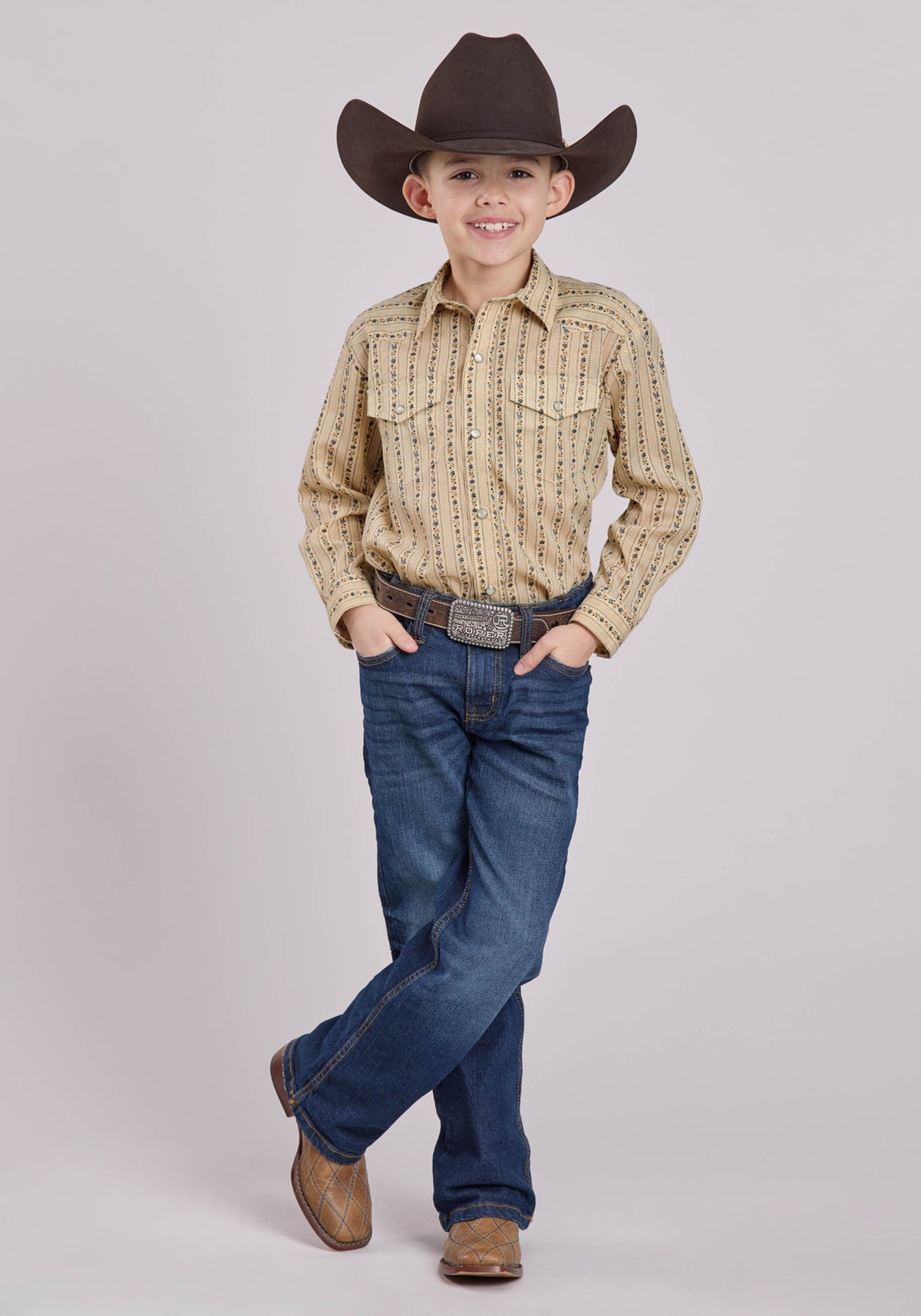 Boys Long Sleeve Snap Wallpaper Floral Print Western Shirt