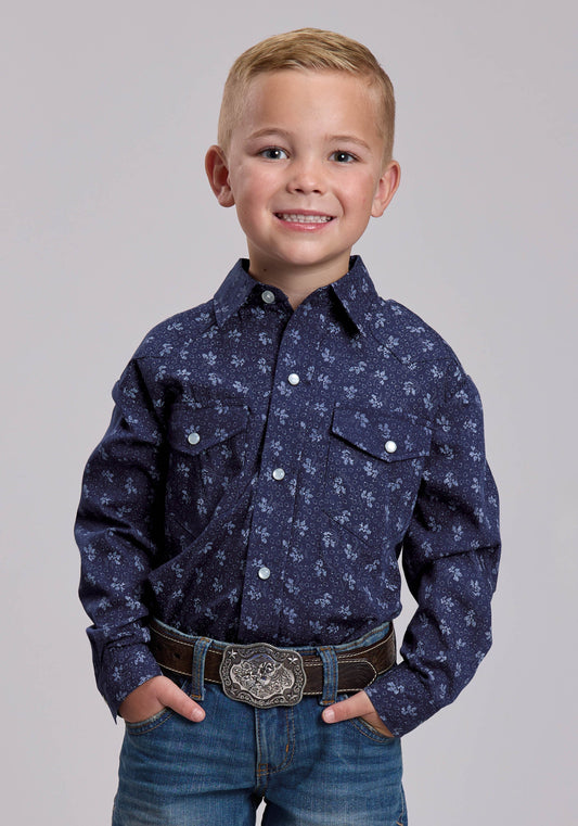 Boys Roper Navy And Light Grey Floral Print Western Snap Shirt