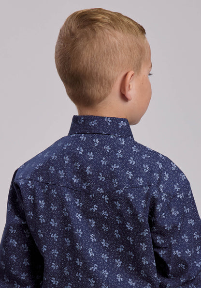 Boys Roper Navy And Light Grey Floral Print Western Snap Shirt