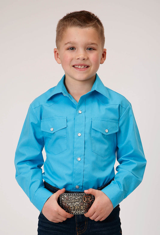 Boys Long Sleeve Snap Solid Broadcloth  Turquoise Western Shirt