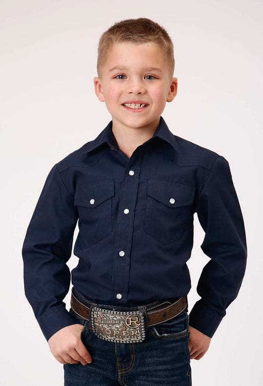 Boys Long Sleeve Snap Solid Broadcloth  Navy Western Shirt