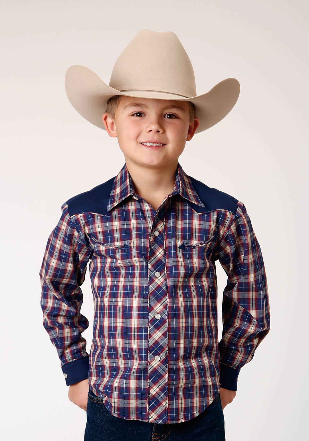 Boys Long Sleeve Snap Navy Red Cream Plaid Western Shirt With Solid Yokes A