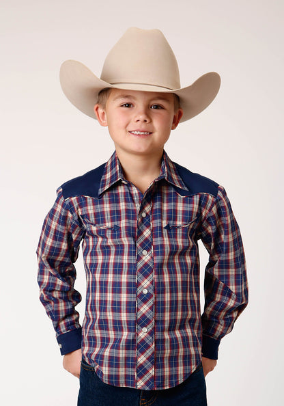 Boys Long Sleeve Snap Navy Red Cream Plaid Western Shirt With Solid Yokes A