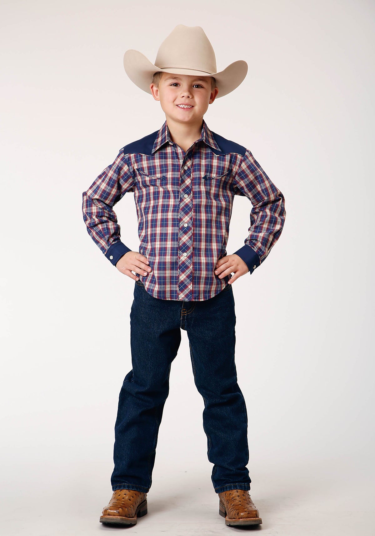 Boys Long Sleeve Snap Navy Red Cream Plaid Western Shirt With Solid Yokes A