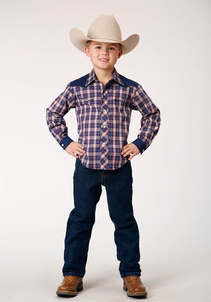 Boys Long Sleeve Snap Navy Red Cream Plaid Western Shirt With Solid Yokes A
