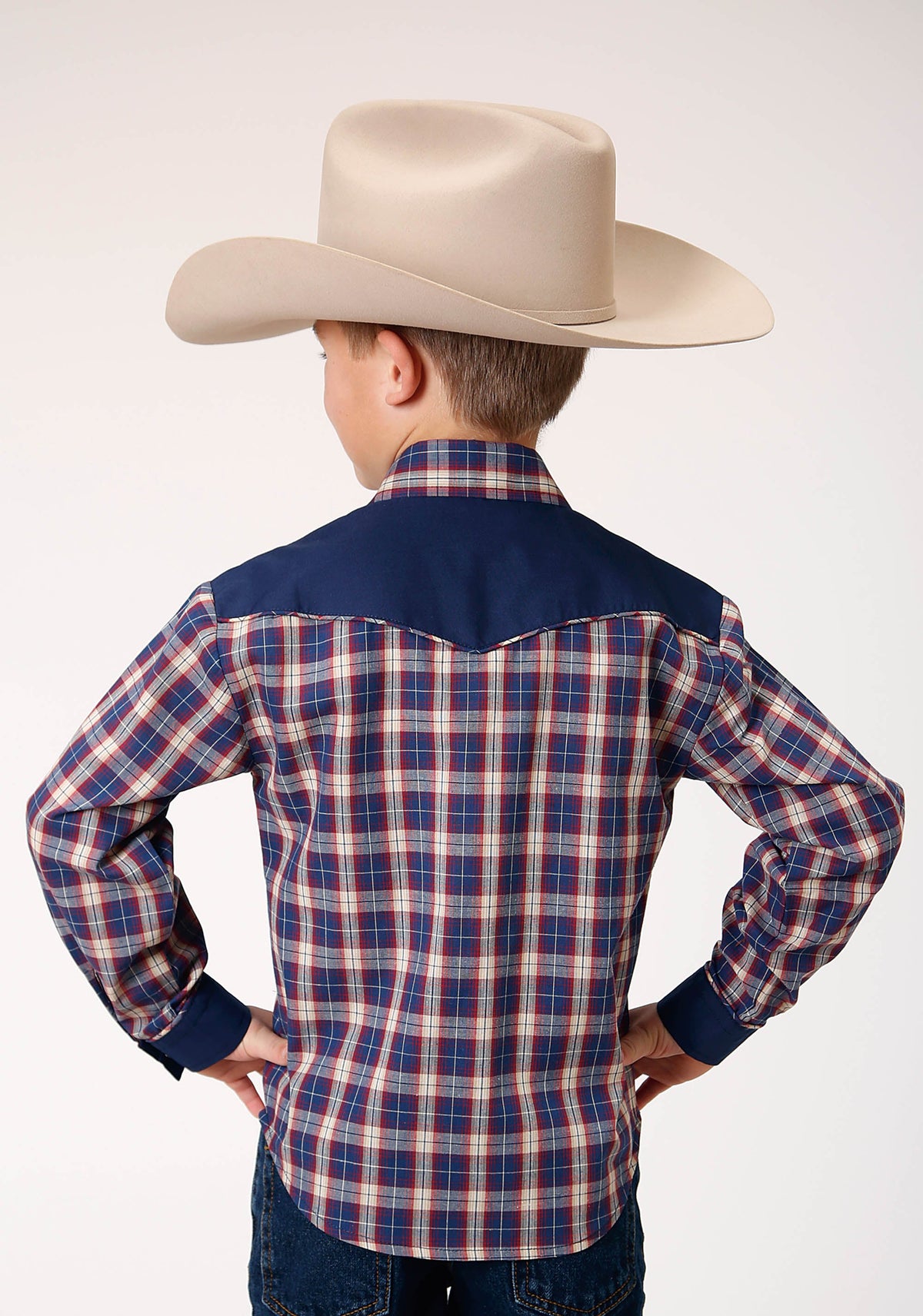 Boys Long Sleeve Snap Navy Red Cream Plaid Western Shirt With Solid Yokes A