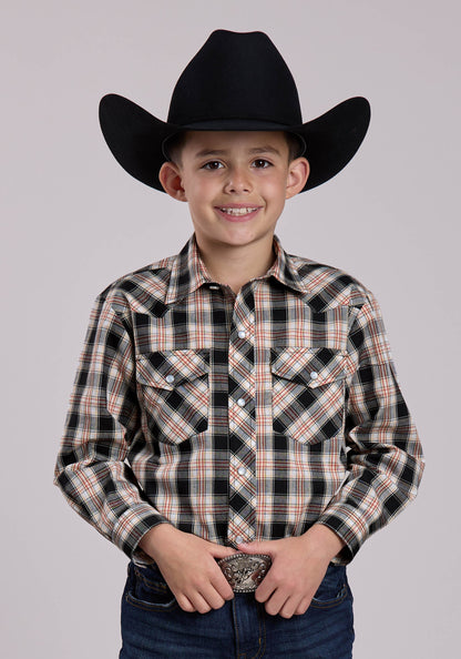 Boys Roper Black White  Tan Plaid Long Sleeve Snap Shirt