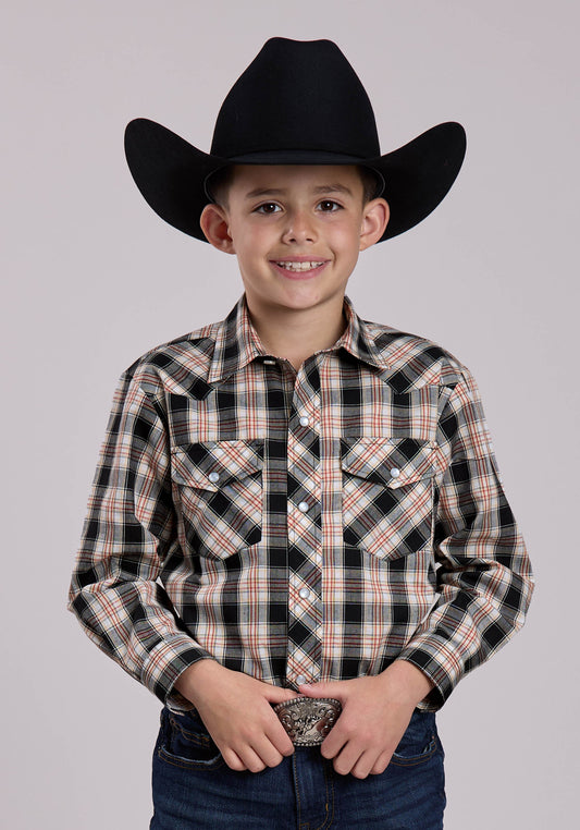 Boys Roper Black White  Tan Plaid Long Sleeve Snap Shirt