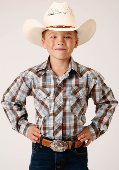 Boys Long Sleeve Snap Brown  Blue And White Plaid Western Shirt