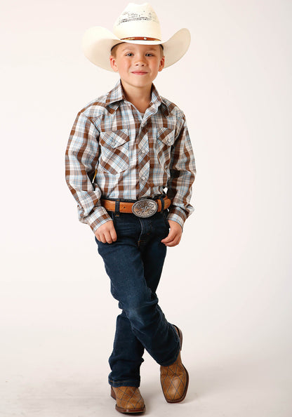 Boys Long Sleeve Snap Brown  Blue And White Plaid Western Shirt