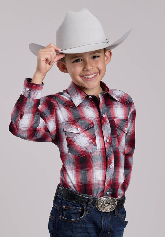Boys Roper Black Red  White Plaid Long Sleeve Snap Shirt
