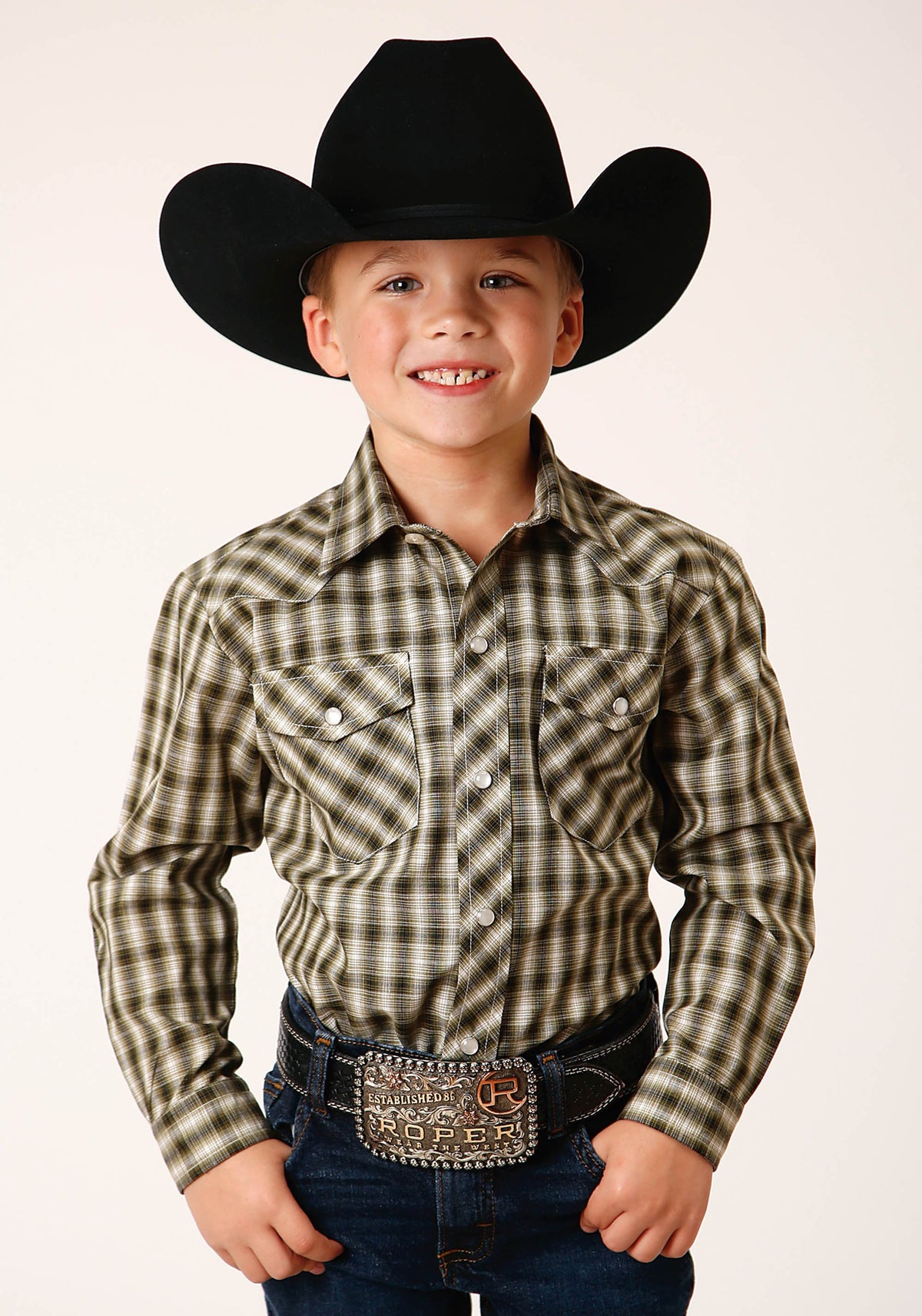 Boys Long Sleeve Snap Olive Black Cream Plaid Western Shirt