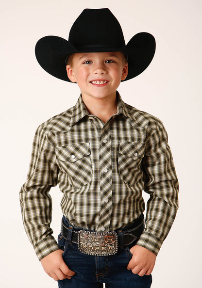 Boys Long Sleeve Snap Olive Black Cream Plaid Western Shirt