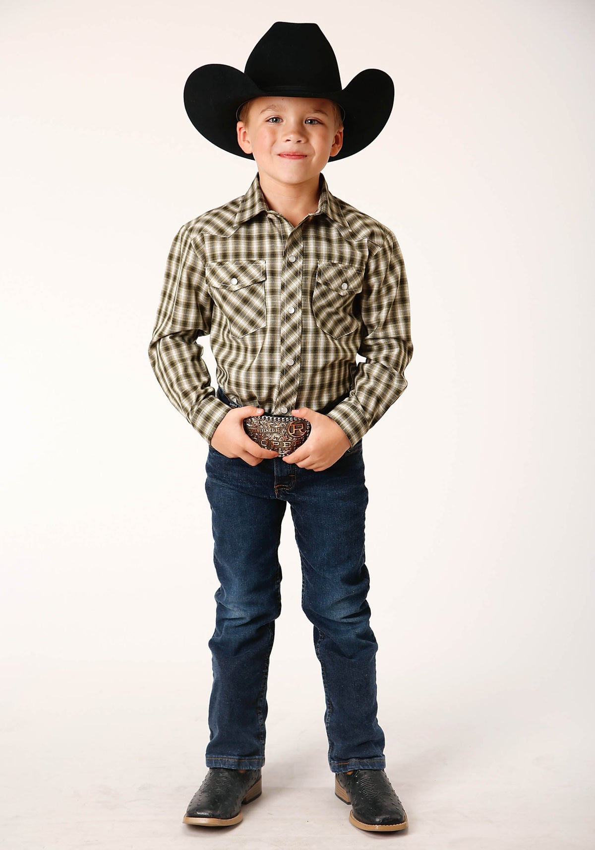 Boys Long Sleeve Snap Olive Black Cream Plaid Western Shirt