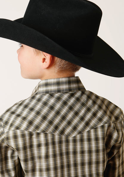 Boys Long Sleeve Snap Olive Black Cream Plaid Western Shirt