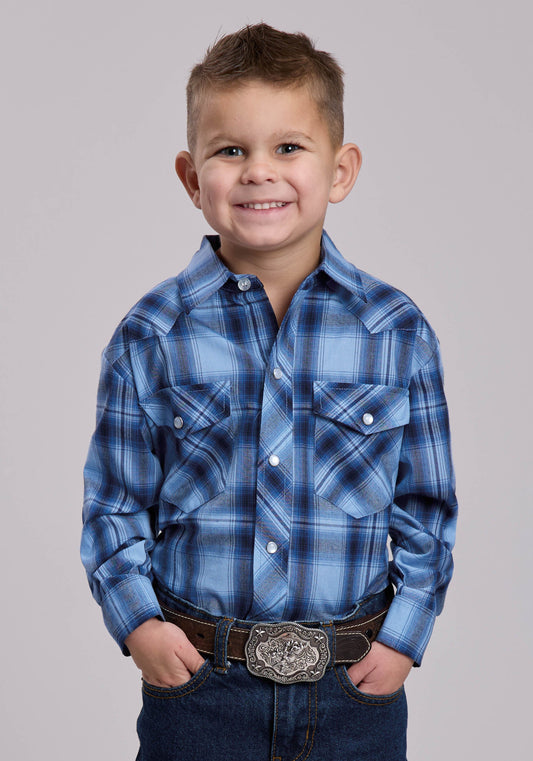 Boys Roper Multi Blue Plaid Western Snap Shirt