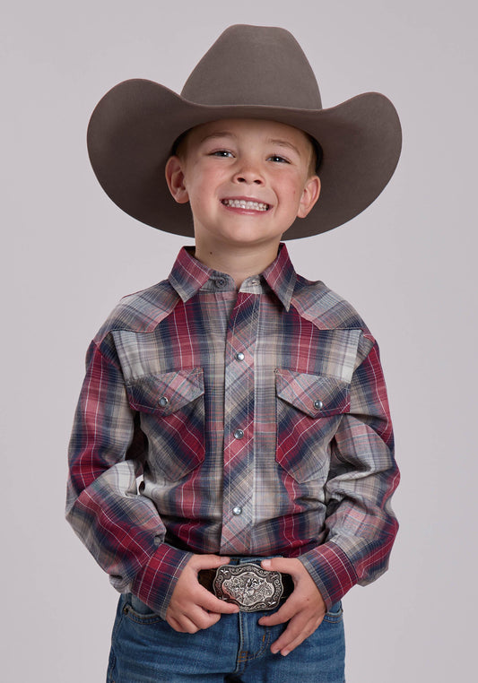 Boys Roper Grey And Tan And Red Plaid Western Snap Shirt