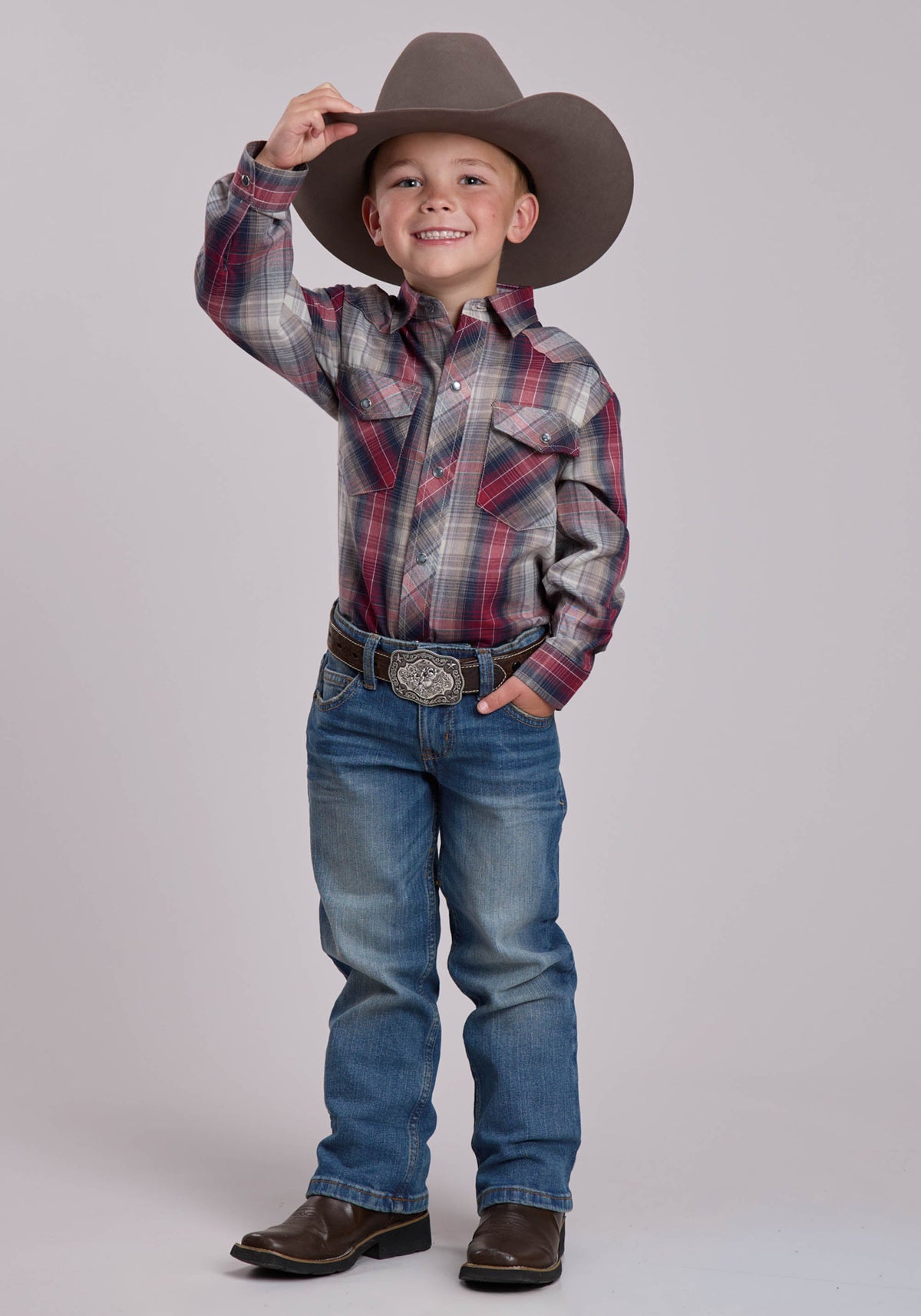 Boys Roper Grey And Tan And Red Plaid Western Snap Shirt