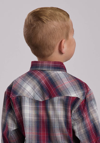 Boys Roper Grey And Tan And Red Plaid Western Snap Shirt