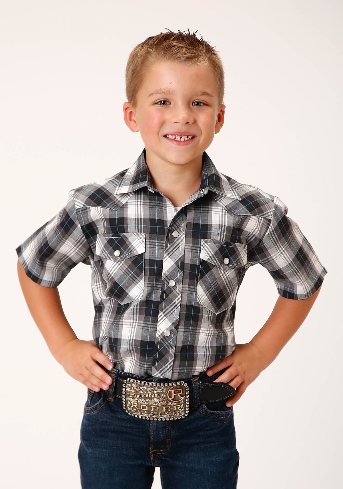 Boys Short Sleeve Snap White Black Grey Plaid Western Shirt