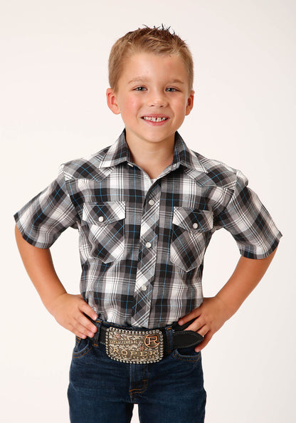 Boys Short Sleeve Snap White Black Grey Plaid Western Shirt