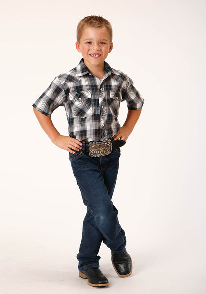 Boys Short Sleeve Snap White Black Grey Plaid Western Shirt