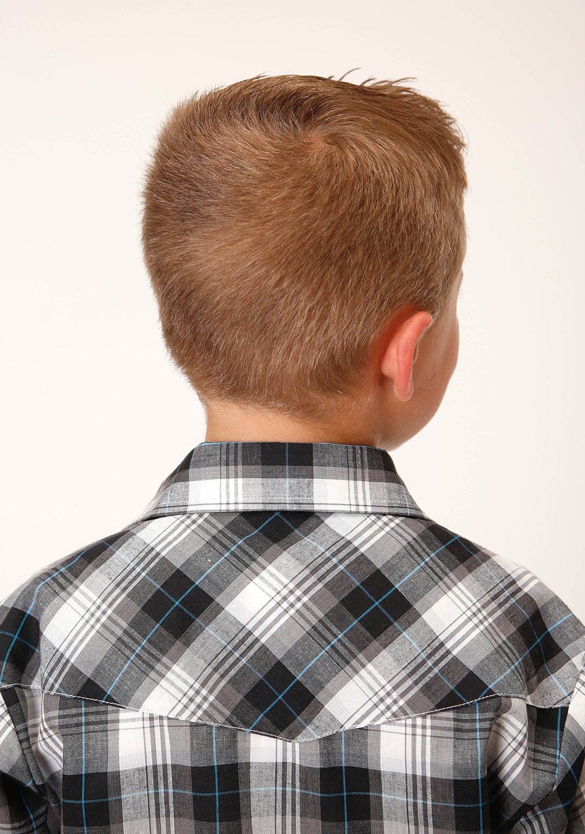 Boys Short Sleeve Snap White Black Grey Plaid Western Shirt
